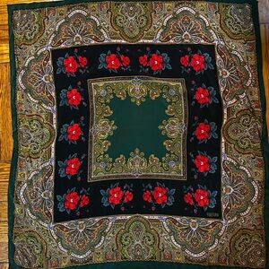 Bill Blass Vintage Red Rose Green Orange Paisley Silk Scarf 30x30
